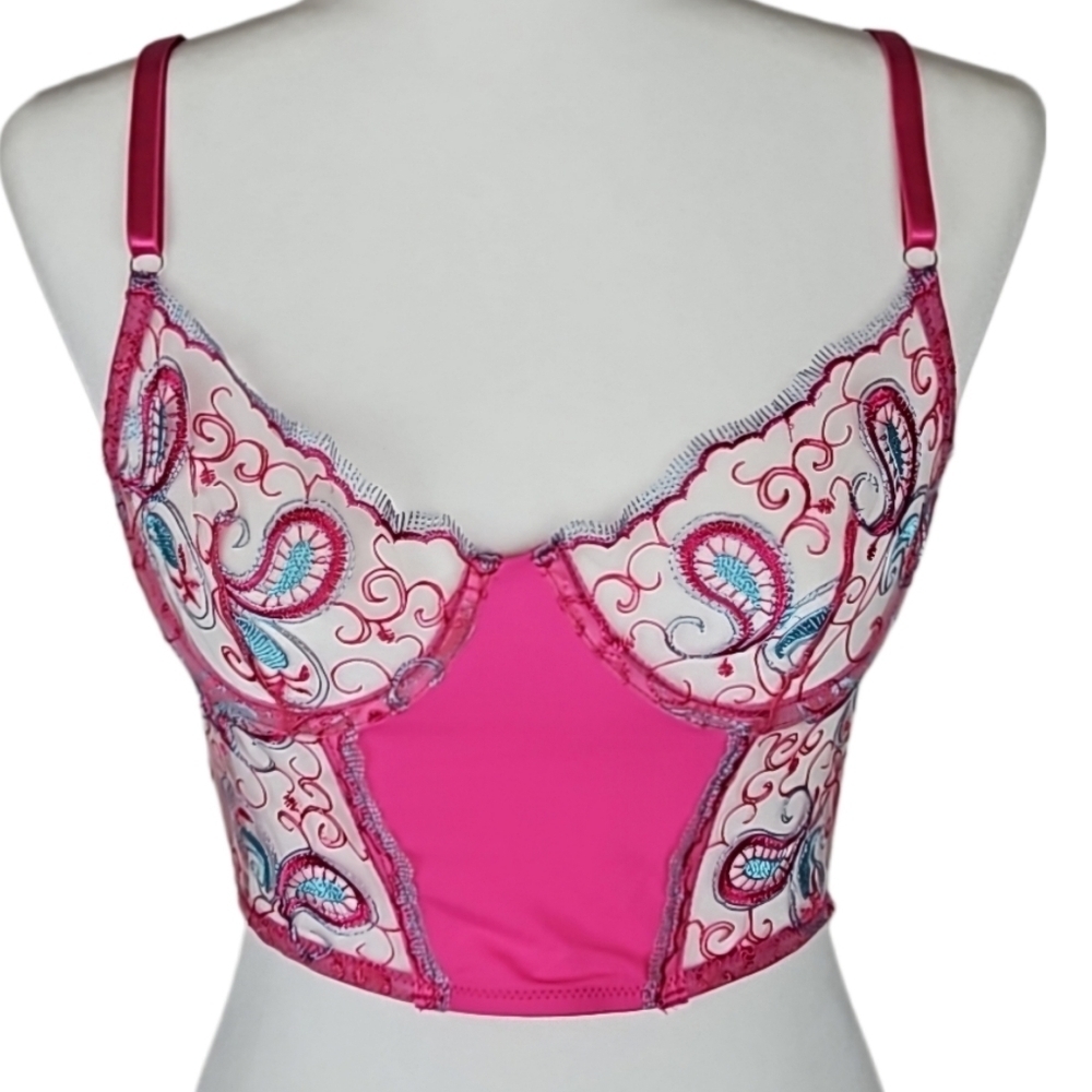 Sheer Mesh Longline Bra - Pink Paisley Embroidered Wireless Lingerie Bra, M